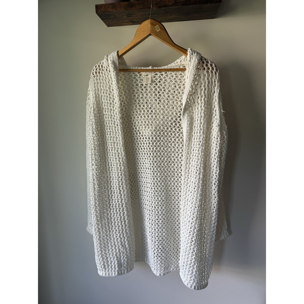 Artelier Nicole Miller Women White Knit Hooded Cardigan Duster Coverup Mesh Boho